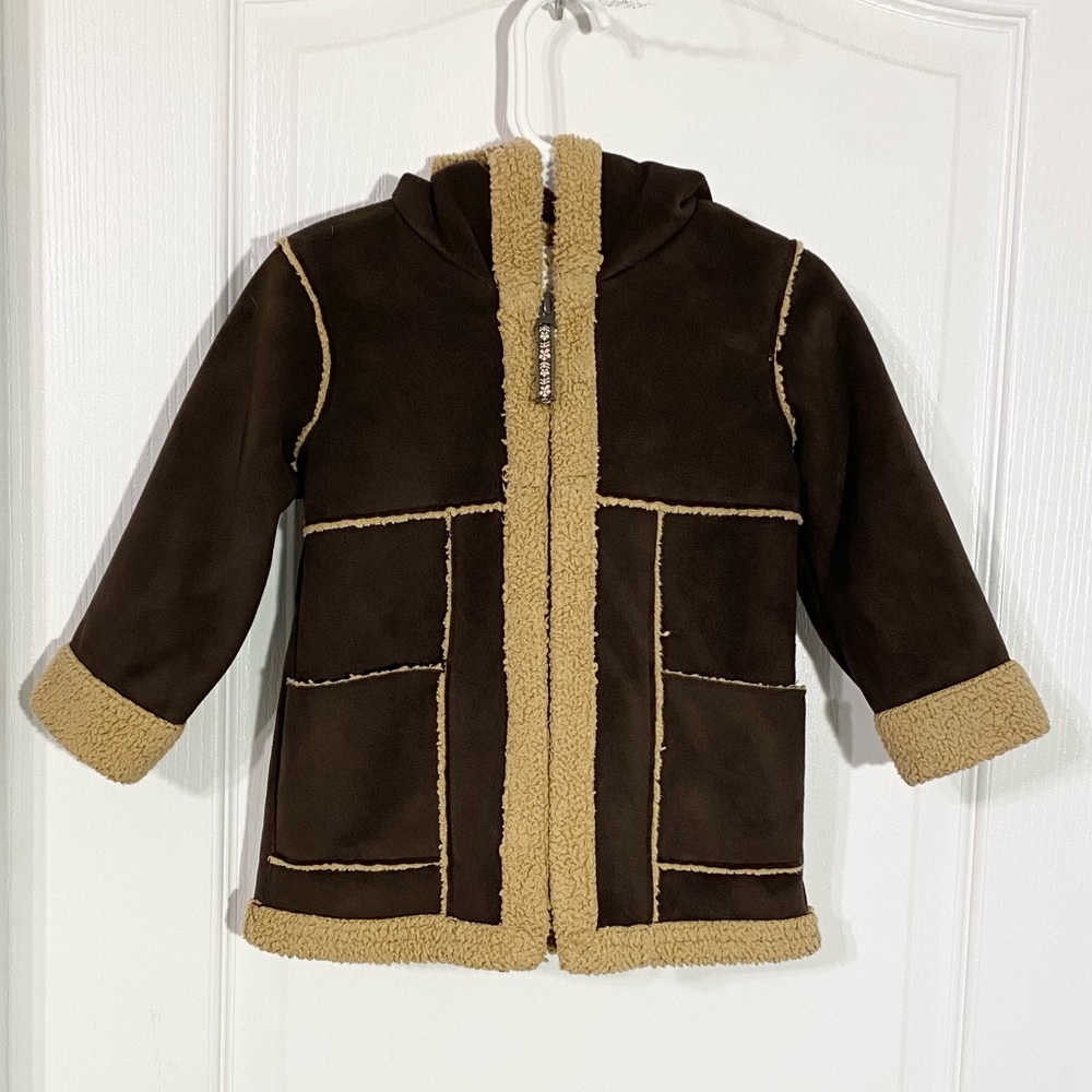 Y2K VTG Old Navy Microsuede Sherpa Hooded Coat Brown Tan 18-24M Baby Girl
